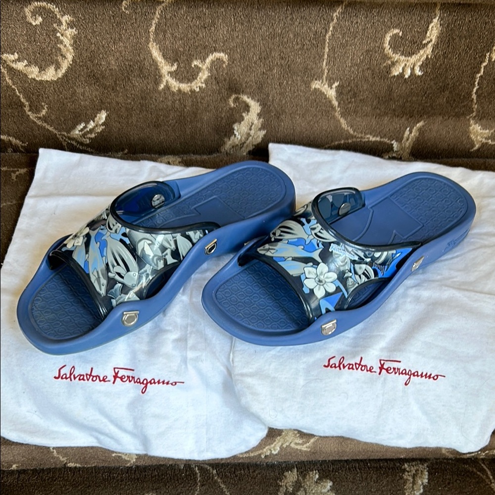 Salvatore Ferragamo Blue Floral Slides